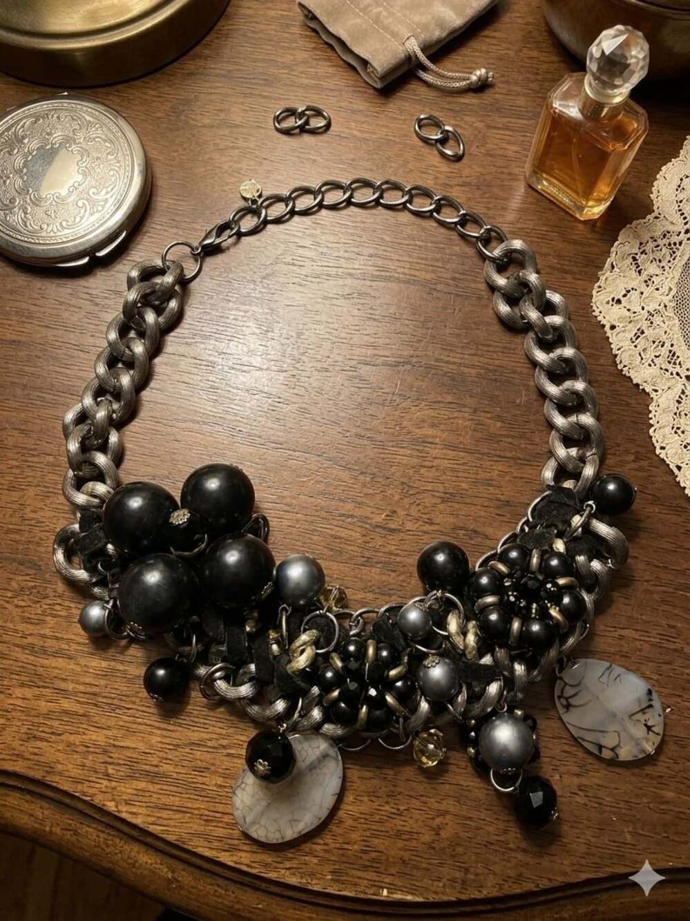 Chunky Mixed Media Statement Necklace - Bold Bib Curb Chain | Pre-Owned
